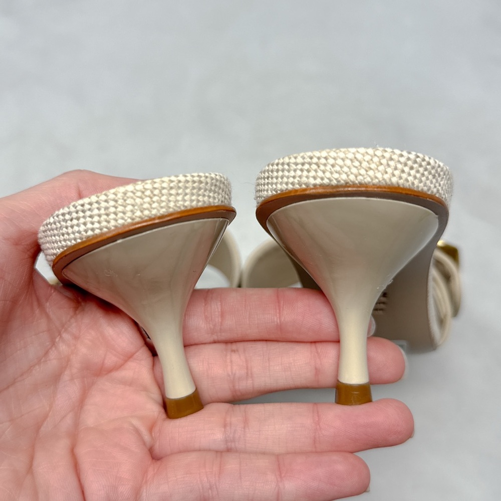 NEW Schutz Olga 55 Brushed Buckle Textured Linen Canvas Kitten Heel Sandals 6 - Picture 6 of 13